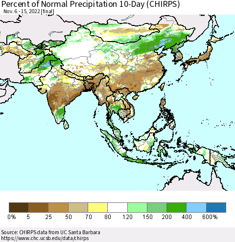 Asia Percent of Normal Precipitation 10-Day (CHIRPS) Thematic Map For 11/6/2022 - 11/15/2022