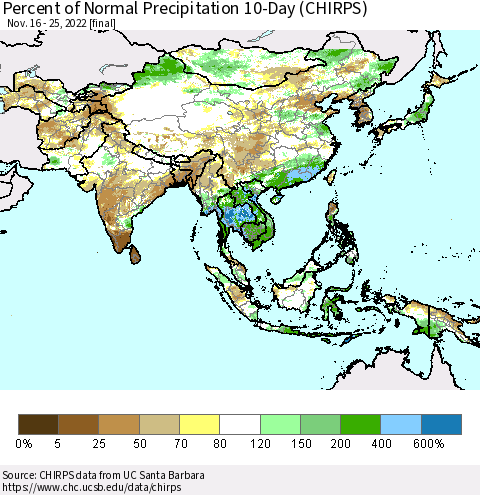 Asia Percent of Normal Precipitation 10-Day (CHIRPS) Thematic Map For 11/16/2022 - 11/25/2022