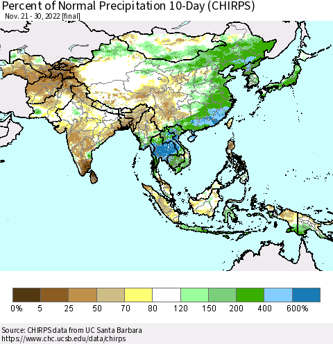 Asia Percent of Normal Precipitation 10-Day (CHIRPS) Thematic Map For 11/21/2022 - 11/30/2022