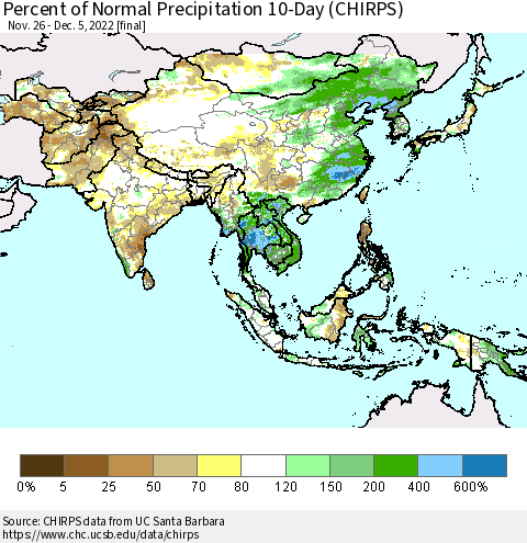 Asia Percent of Normal Precipitation 10-Day (CHIRPS) Thematic Map For 11/26/2022 - 12/5/2022