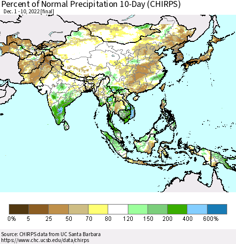 Asia Percent of Normal Precipitation 10-Day (CHIRPS) Thematic Map For 12/1/2022 - 12/10/2022