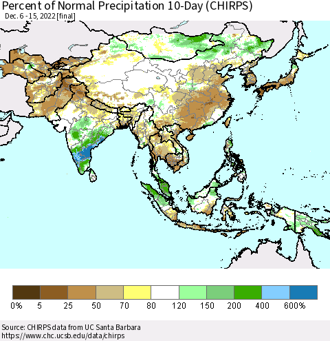 Asia Percent of Normal Precipitation 10-Day (CHIRPS) Thematic Map For 12/6/2022 - 12/15/2022
