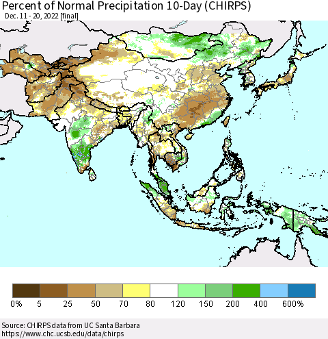 Asia Percent of Normal Precipitation 10-Day (CHIRPS) Thematic Map For 12/11/2022 - 12/20/2022