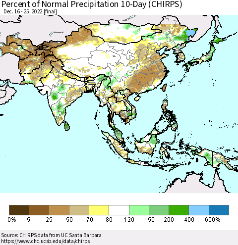 Asia Percent of Normal Precipitation 10-Day (CHIRPS) Thematic Map For 12/16/2022 - 12/25/2022