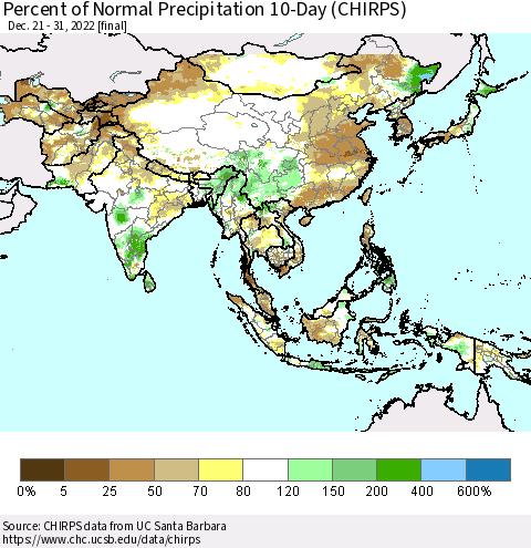 Asia Percent of Normal Precipitation 10-Day (CHIRPS) Thematic Map For 12/21/2022 - 12/31/2022