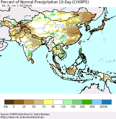 Asia Percent of Normal Precipitation 10-Day (CHIRPS) Thematic Map For 12/26/2022 - 1/5/2023