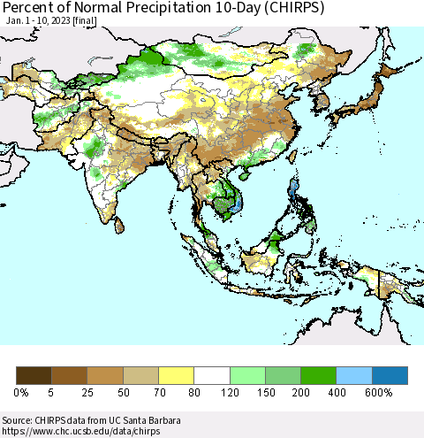Asia Percent of Normal Precipitation 10-Day (CHIRPS) Thematic Map For 1/1/2023 - 1/10/2023