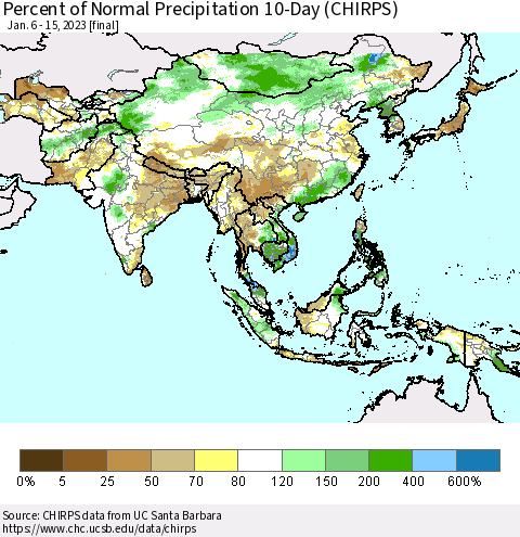 Asia Percent of Normal Precipitation 10-Day (CHIRPS) Thematic Map For 1/6/2023 - 1/15/2023