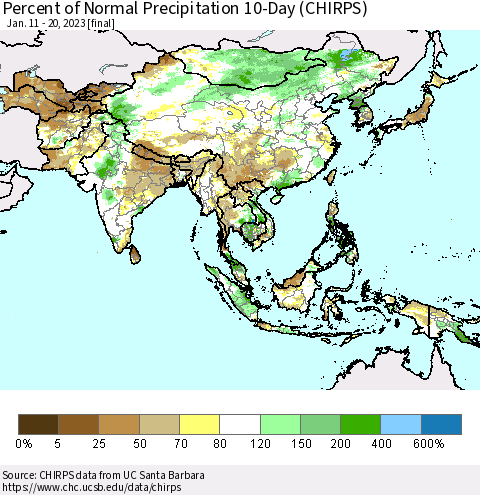 Asia Percent of Normal Precipitation 10-Day (CHIRPS) Thematic Map For 1/11/2023 - 1/20/2023