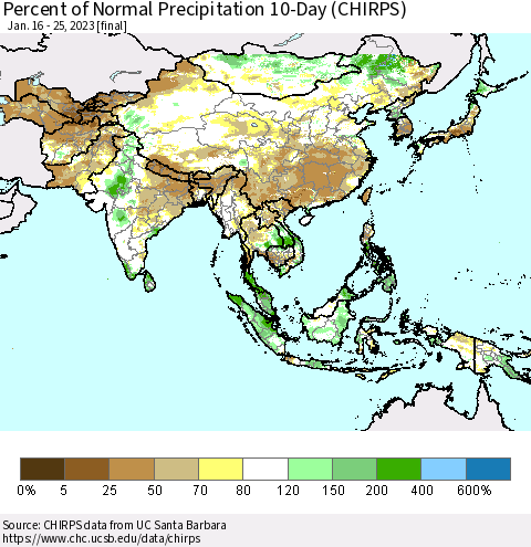 Asia Percent of Normal Precipitation 10-Day (CHIRPS) Thematic Map For 1/16/2023 - 1/25/2023