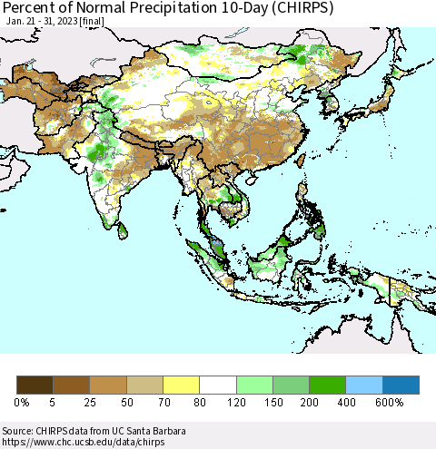 Asia Percent of Normal Precipitation 10-Day (CHIRPS) Thematic Map For 1/21/2023 - 1/31/2023