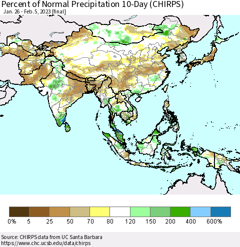 Asia Percent of Normal Precipitation 10-Day (CHIRPS) Thematic Map For 1/26/2023 - 2/5/2023
