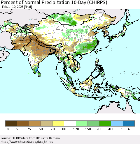Asia Percent of Normal Precipitation 10-Day (CHIRPS) Thematic Map For 2/1/2023 - 2/10/2023