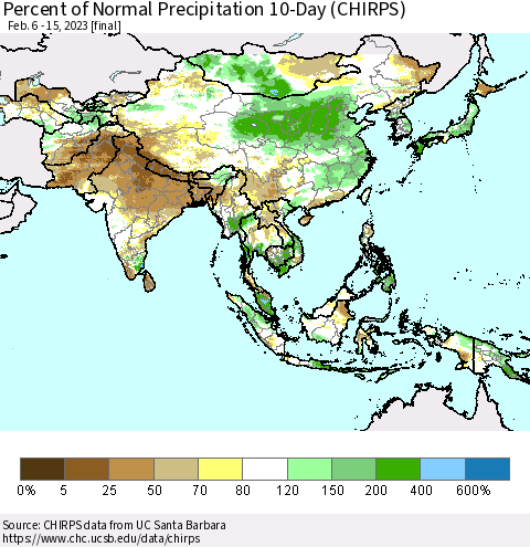 Asia Percent of Normal Precipitation 10-Day (CHIRPS) Thematic Map For 2/6/2023 - 2/15/2023