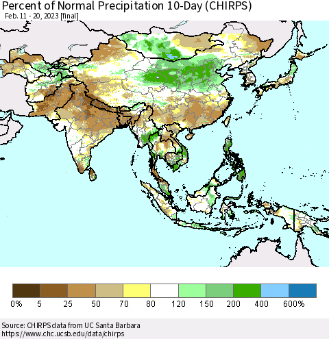 Asia Percent of Normal Precipitation 10-Day (CHIRPS) Thematic Map For 2/11/2023 - 2/20/2023
