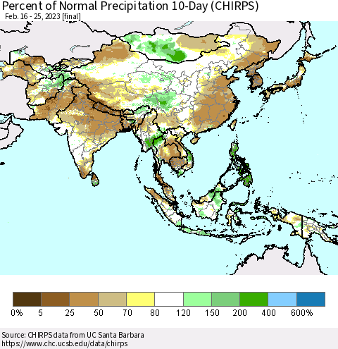 Asia Percent of Normal Precipitation 10-Day (CHIRPS) Thematic Map For 2/16/2023 - 2/25/2023