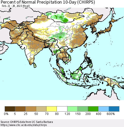 Asia Percent of Normal Precipitation 10-Day (CHIRPS) Thematic Map For 2/21/2023 - 2/28/2023