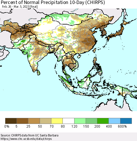 Asia Percent of Normal Precipitation 10-Day (CHIRPS) Thematic Map For 2/26/2023 - 3/5/2023