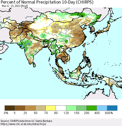 Asia Percent of Normal Precipitation 10-Day (CHIRPS) Thematic Map For 3/6/2023 - 3/15/2023