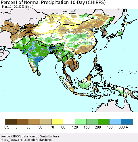 Asia Percent of Normal Precipitation 10-Day (CHIRPS) Thematic Map For 3/11/2023 - 3/20/2023