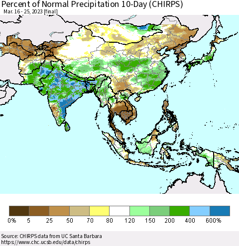 Asia Percent of Normal Precipitation 10-Day (CHIRPS) Thematic Map For 3/16/2023 - 3/25/2023