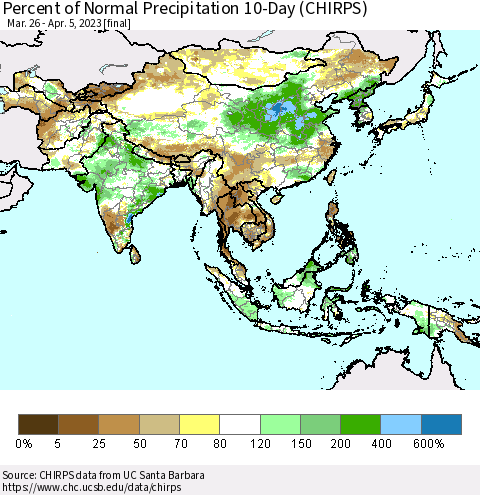 Asia Percent of Normal Precipitation 10-Day (CHIRPS) Thematic Map For 3/26/2023 - 4/5/2023