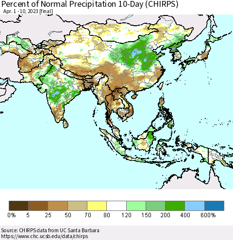 Asia Percent of Normal Precipitation 10-Day (CHIRPS) Thematic Map For 4/1/2023 - 4/10/2023