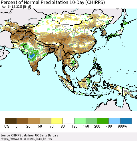 Asia Percent of Normal Precipitation 10-Day (CHIRPS) Thematic Map For 4/6/2023 - 4/15/2023
