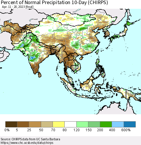Asia Percent of Normal Precipitation 10-Day (CHIRPS) Thematic Map For 4/11/2023 - 4/20/2023
