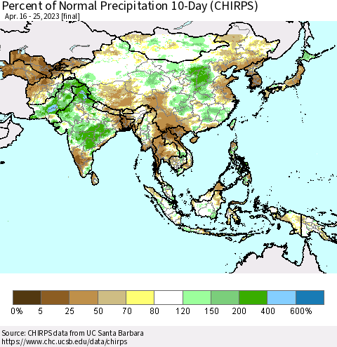 Asia Percent of Normal Precipitation 10-Day (CHIRPS) Thematic Map For 4/16/2023 - 4/25/2023