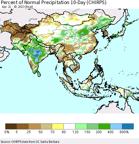 Asia Percent of Normal Precipitation 10-Day (CHIRPS) Thematic Map For 4/21/2023 - 4/30/2023