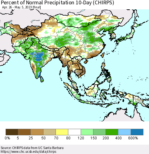 Asia Percent of Normal Precipitation 10-Day (CHIRPS) Thematic Map For 4/26/2023 - 5/5/2023