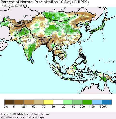Asia Percent of Normal Precipitation 10-Day (CHIRPS) Thematic Map For 5/1/2023 - 5/10/2023