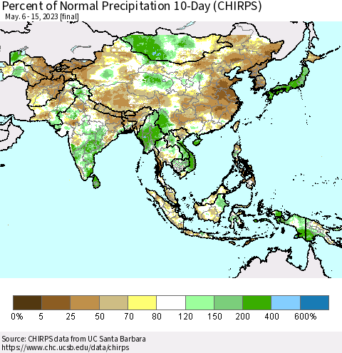 Asia Percent of Normal Precipitation 10-Day (CHIRPS) Thematic Map For 5/6/2023 - 5/15/2023