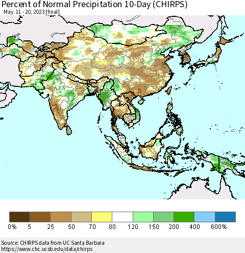 Asia Percent of Normal Precipitation 10-Day (CHIRPS) Thematic Map For 5/11/2023 - 5/20/2023