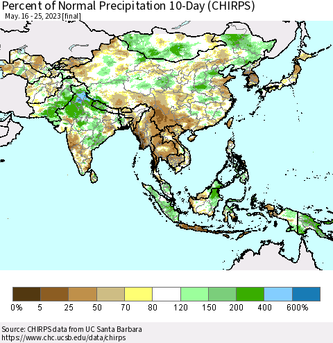 Asia Percent of Normal Precipitation 10-Day (CHIRPS) Thematic Map For 5/16/2023 - 5/25/2023