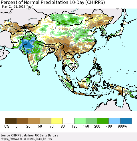 Asia Percent of Normal Precipitation 10-Day (CHIRPS) Thematic Map For 5/21/2023 - 5/31/2023