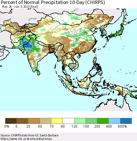 Asia Percent of Normal Precipitation 10-Day (CHIRPS) Thematic Map For 5/26/2023 - 6/5/2023