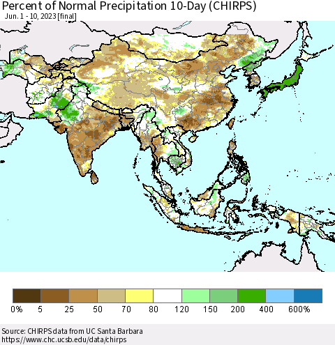 Asia Percent of Normal Precipitation 10-Day (CHIRPS) Thematic Map For 6/1/2023 - 6/10/2023