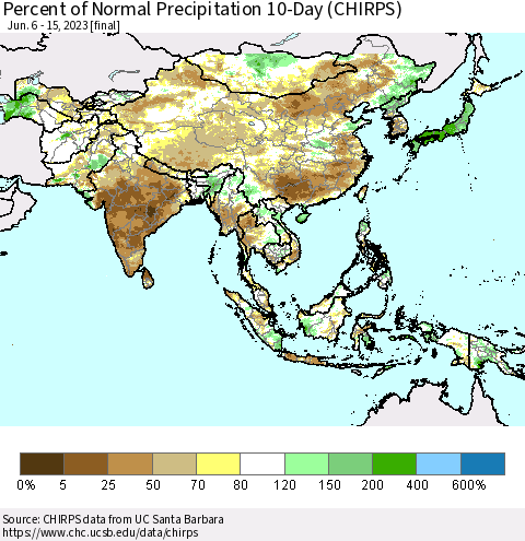 Asia Percent of Normal Precipitation 10-Day (CHIRPS) Thematic Map For 6/6/2023 - 6/15/2023