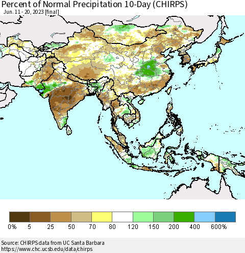 Asia Percent of Normal Precipitation 10-Day (CHIRPS) Thematic Map For 6/11/2023 - 6/20/2023