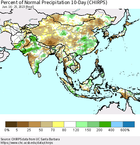 Asia Percent of Normal Precipitation 10-Day (CHIRPS) Thematic Map For 6/16/2023 - 6/25/2023