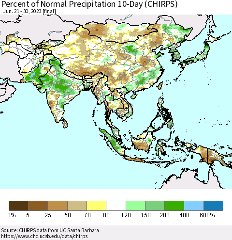 Asia Percent of Normal Precipitation 10-Day (CHIRPS) Thematic Map For 6/21/2023 - 6/30/2023