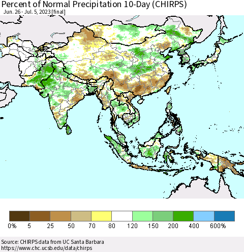 Asia Percent of Normal Precipitation 10-Day (CHIRPS) Thematic Map For 6/26/2023 - 7/5/2023