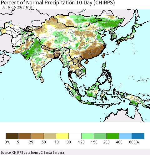 Asia Percent of Normal Precipitation 10-Day (CHIRPS) Thematic Map For 7/6/2023 - 7/15/2023