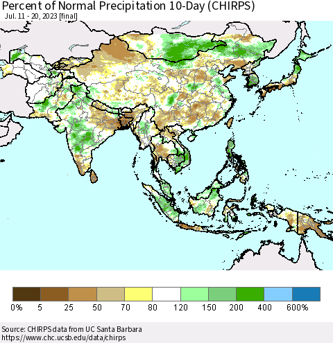 Asia Percent of Normal Precipitation 10-Day (CHIRPS) Thematic Map For 7/11/2023 - 7/20/2023