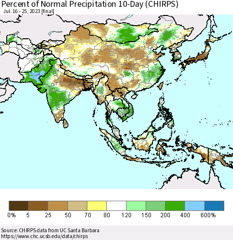 Asia Percent of Normal Precipitation 10-Day (CHIRPS) Thematic Map For 7/16/2023 - 7/25/2023