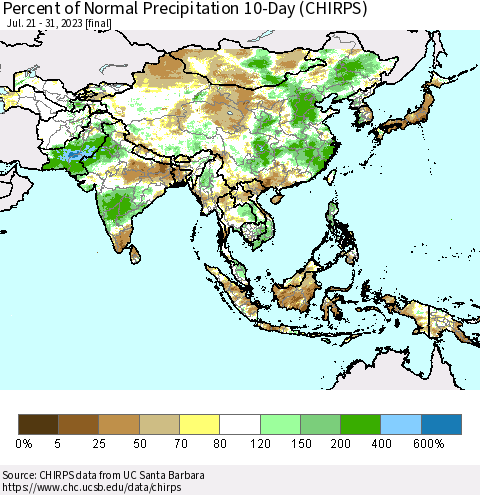 Asia Percent of Normal Precipitation 10-Day (CHIRPS) Thematic Map For 7/21/2023 - 7/31/2023