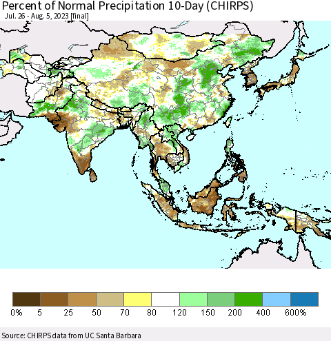 Asia Percent of Normal Precipitation 10-Day (CHIRPS) Thematic Map For 7/26/2023 - 8/5/2023