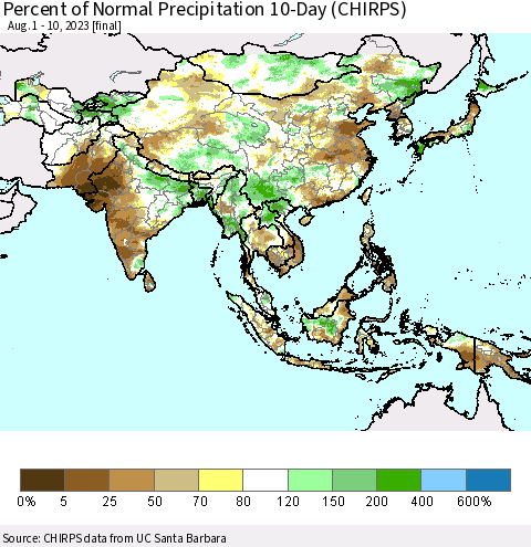 Asia Percent of Normal Precipitation 10-Day (CHIRPS) Thematic Map For 8/1/2023 - 8/10/2023